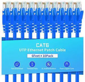 XANHAM Cat6 Ethernet Cable 6 Feet 10 Pack Network RJ45 Cat6 Internet Patch Cable, Unshielded, Blue