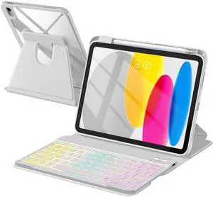 Kidopire Compatible with iPad 11th 10th Generation Case with Keyboard - Detachable Wireless Keyboard Case for iPad A16 11-inch 2025 & 10.9-inch 2022, 7 Colors Backlit & 360° Rotatable Cover, LightGray
