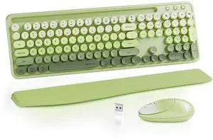 UBOTIE Wireless Keyboard and Mouse Combo with Phone Holder and Wrist Rest, Round Colorful Keys, Power Switches, 2.4GHz USB Receiver, Full-Size QWERTY Layout for PC LaptopGreen