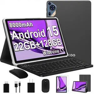 2025 Upgraded Android 15 Tablet 10.1 Inch Octa-Core Tablets with Keyboard Mouse, 22GB+128GB+1TB Expand, 8000mAh Large Battery,1280x800 IPS HD Touch Screen, Widevine L1, 5G WiFi, GPS-Metal Grey