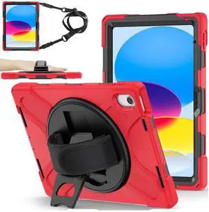 ZenRich Shockproof Case for iPad 11th (A16)/iPad 10th Generation 10.9 inch 2025/2022, Heavy Duty Rugged Case with Pencil Holder/360° Rotating Kickstand/Handle/Carrying Strap, Red