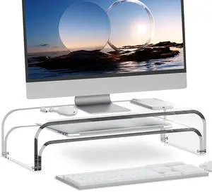 ERGO COLLECT Acrylic Dual Monitor Stand Riser 2 Tier, Modular Laptop Stand for Desk, Multifunctional Desktop Organizer Shelf for PC, iMac, Printer, Detachable Monitor Stand for Office or Home, Clear