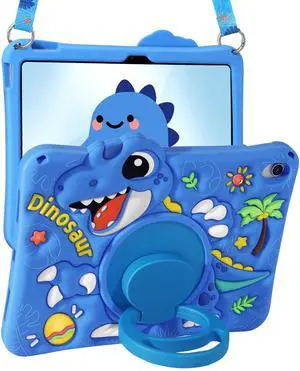 Boaretiu for iPad A16 Case/10th Generation Case - Blue Dinosaur Cool for Boys Girls Teens Soft Silicone Cute with Shoulder Strap & Rotating Stand Case for iPad A16 11th Generation 11 Inch 2025