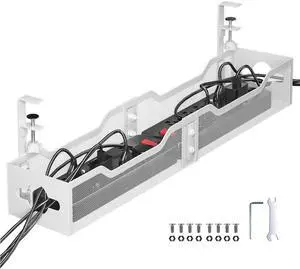 Under Desk Cable Management Tray 24.8", Quszmd Cable Organizer No Drill, Standing Cord Organizer and Wire Management Tray - No Damage to Desk, White