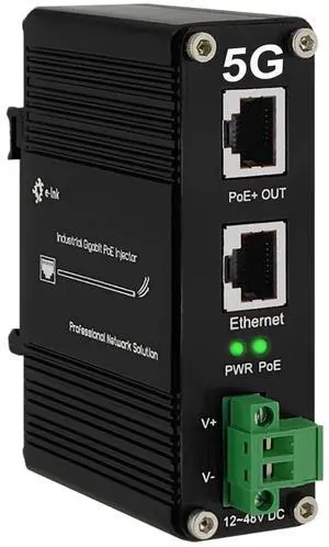 5G PoE Injector - Industrial 5 Gigabit IEEE802.3bt 60W Hardened POE Adapter with 12-48V DC Input DIN- Rail, IP40 Aluminum Case, for 5G Router/AP/Extender