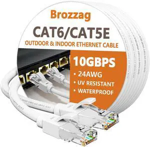 Brozzag 100 Ft Ethernet Cable for Cat5E/Cat6, 10Gbps 24AWG Cat6 Network Cable, Direct Burial Cable, UTP, LLDPE, RJ45 Patch LAN Cord, Waterproof, Indoor&Outdoor, Cat 5E Internet Cable in White for PC