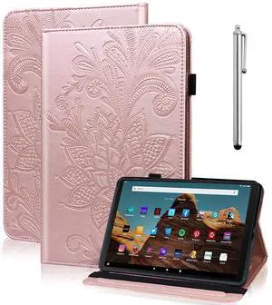 TUOLISG Case for Amazon Kindle Fire HD 10 9th/7th/5th Generation 10.1 Inch with Card Slots, Flower Pattern Embossed PU Leather Folio Wallet Stand Case for Fire HD 10 2019/2017/2015, Rose Gold