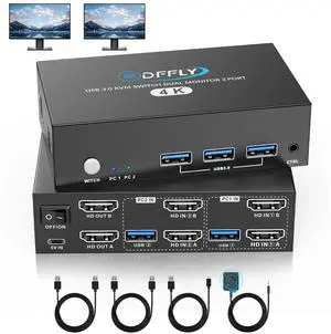USB 3.0 HDMI KVM Switch 2 Monitors 2 Computers 4K@60Hz, KVM Switches Dual Monitor with 3 USB 3.0 Ports Sharing Keyboard and Mouse, Printer/Scanner, Desktop Controller, EDID Compatible
