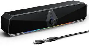 SENZER CS30 Bluetooth Computer Speakers for Desktop, USB Plug & Play PC Speakers with Dynamic LED Light, Stereo Sound Soundbar for Desktop Laptop Monitor (USB-C Adapter Included)