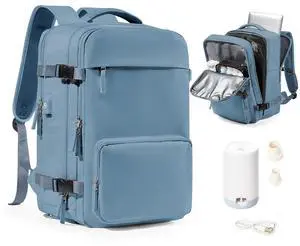 Vacuum Travel Backpack with Pump Vacuum Compression Seal Vacpack Air Backpack Laptop Backpack for Women Men Carry on Backpack With Laptop Compartment Personal Item Bag Flight Approved Grey Blue