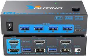 KCEVE 8K KVM Switch 2 Monitors 2 Computers HDMI DP, USB 3.0 KVM Switch Dual Monitor 4K@144Hz 8K@60Hz for 2 Computer Share Keyboard Mouse, with Power Adapter and Wired Remote
