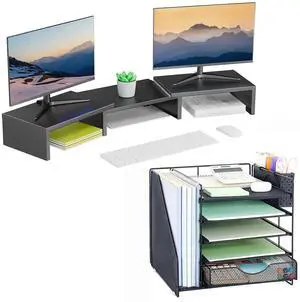 OUTIOE Dual Monitor Stand for Desk + 5-Tier Paper Letter Tray Organizer (Black)