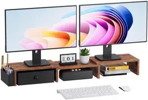 VERSASKY Dual Monitor Stand Riser, Adjustable Length & Swivel Angle Monitor Stand, Ergonomic Monitor Stand with Drawer & Side Pockets, Desktop Organizer and Office Desk Accessories, Rustic Brown