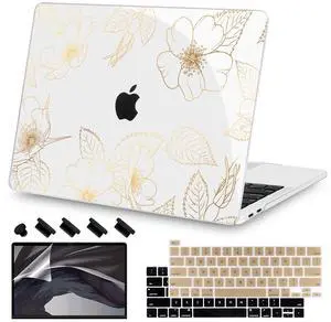 Teryeefi for 2022 2020 MacBook Pro 13 inch Case M2/M1 Chip (Model A2338 A2289 A2251 with Touch Bar), Plastic Hard Shell Case & Keyboard Cover & Screen Protector, Gold Floral Leaf