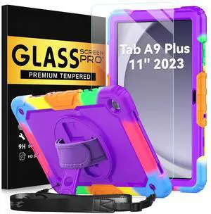 BLOSOMEET Purple Case for Samsung Galaxy Tab A9 Plus 2023 with Tempered Glass Screen Protector Pencil Holder Hand Strap&Stand,Kids Cover for Galaxy Tablet A9 Plus with Shoulder Strap