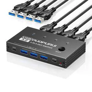 DUOPURUI USB 3.0 Switch 4 Computers Sharing USB C & A Devices,Easy One-Click Device Switching with USB-C Cable & USB-A Cable,USB Switch Hub Share Keyboard Mouse Printer Scanner(USB3.0 4in4out)