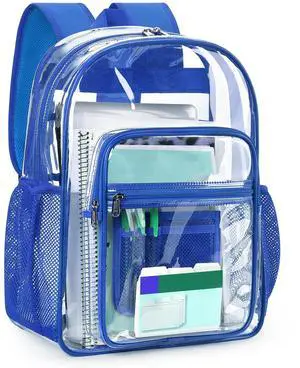 ZORFIN Clear Backpack Heavy Duty for School & Work  17in Transparent PVC Bag with Large Capacity & Reinforced Straps  See Through Bookbag for Men, Women, Boys & Girls, Workplace Security - Blue