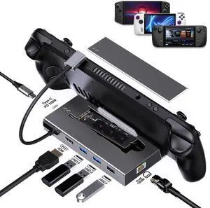 GKI M.2 Steam Deck Dock, 7-in-1 Docking Station with M.2 NVME SSD Enclosure, HDMI 2.0 4K@60Hz, PD 100W, Gigabit Ethernet, USB and USB C Charge Port, Compatible with Steam Deck, ROG Ally, Switch.