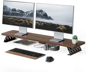 Fenge Dual Monitor Stand Riser, 42.5 Inch Desk Top Shelf for 2 Monitors, Computer Stands for Desk, Wood & Steel Desktop Riser for Laptop, PC, Printer