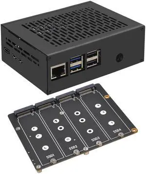 Geekworm X1011 5V PCIe to Quad M.2 Key-M NVMe SSD Peripheral Board+Metal Case for Raspberry Pi 5 2GB/4GB/8GB/16GB