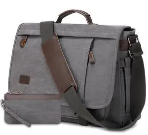 17.3 Inch Messenger Bag for Men: 2PCS Laptop Work PU Leather Canvas Briefcase Carry On Large Computer for Office College Travel (Grey)