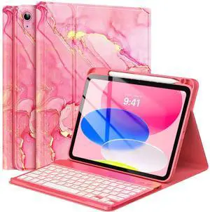 FUWANG for iPad A16 11th 10th Generation Case with Keyboard, Detachable 7 Colors Backlit Wireless Marble Keyboard Case with Pencil Holder for iPad A16 11th 11-inch 2025 &10th Gen 10.9 Inch 2022, Pink
