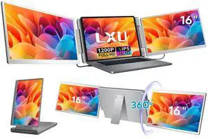 LXU 16-inch Portable Monitor for Laptop | 2025 New Upgraded 1200P 16:10 FHD Screen Extender | Plug-Play Laptop Extended Monitor | USB-C/HDMI Triple Display for 12~18.5" MacOS/Windows | 360° Rotatable