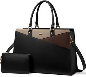 LOVEVOOK Laptop Tote Bag for Women, Leather Business Office Work Bag Computer Briefcase with Small Clutch fit for 15.6 Inch Laptop,Black-Khaki-Coffee