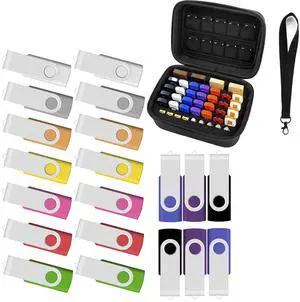 USB Flash Drive 4GB 20 Pack Multiple-Color and Flash Drive Case Bundle, Thumb Drive 4 GB Set of 20 with USB Oragnizer Case