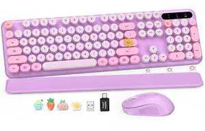 Wireless Keyboard and Mouse Combo-Round Keycaps, Full-Size Retro Typewriter Keyboard with Detachable Wrist Rest, Sleep Mode & Tilt Legs, 2.4GHz Cordless Connection for Mac/Windows/PC (Lavender Purple)