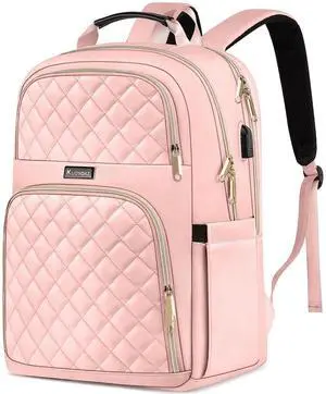 Kuosdaz Backpacks for Women, School Backpack for Teen Girls, 15.6 Inch Cute Quilted Laptop Backpack with USB Charging, Large Bookbag for Middle School College Students, Pink