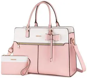 MOSISO Laptop Tote Bag for Women, 15.6 inch Waterproof PU Leather Work Bag with Clutch Purse & Bowknot, Large Capacity Handbag Shoulder Computer Bags Work Briefcase for Business Teacher Office, Pink