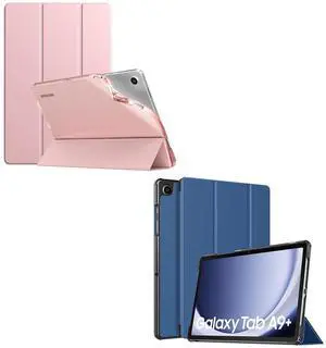 TiMOVO for Samsung Galaxy Tab A9 Plus Case 11" 2023, Slim Soft TPU Translucent Frosted Back Protective Cover and Slim Lightweight Stand Hard Back Shell Protective Case, Rose Gold+Navy Blue