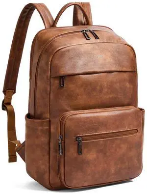 Leather Laptop Backpack for Women 15.6 Inch Laptop Travel Backpack Purse Casual Daypack with Laptop Compartment for College Work Nurse Business Weekender, Brown