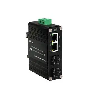 Mini Industrial 2 Ports Gigabit 30W PoE Media Converter, Din Rail Mount Hardened IEEE 802.3af/at 30W PoE+ Fiber Switch, 12V- 48VDC Power Input