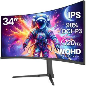 CRUA 34" Curved Gaming Monitor, IPS WQHD(3440x1440P) 120Hz 1900R 21:9 UltraWide PC Display, 130% sRGB, AMD FreeSync, Blue Light Filter, HDMI/DP Ports, Wall Mountable Installs Black
