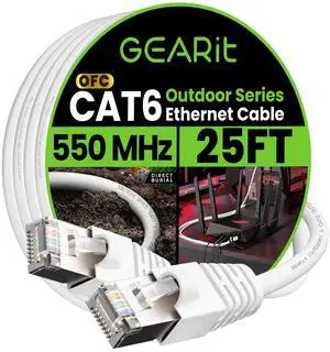 GEARit Cat6 Outdoor Ethernet Cable (25ft) 23AWG Pure Copper, FTP, LLDPE, Waterproof, Direct Burial, In-Ground, UV Resistant, POE, Network, LAN, Internet, Cat 6, Cat6 Cable - 25 Feet GEARit Cat6 Outdoor Ethernet Cable (25ft) 23AWG Pure Copper, FTP, LLDPE, Waterproof, Direct Burial, In-Ground, UV Resistant, POE, Network, LAN, Internet, Cat 6, Cat6 Cable - 25 Feet