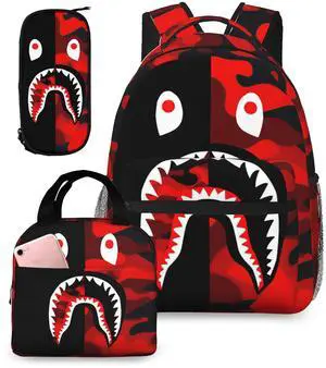 YBYGBB Backpack Shark Teeth Camo Backpacks Set with Lunch Box Pencil Case Travel Laptop Daypack Big Capacity Bookbag Fashion Durable Back Pack StyleSH