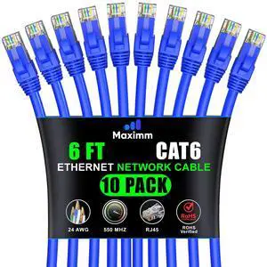 Maximm Cat 6 Ethernet Cable 6 ft (10-Pack) - High-Speed LAN Cable, Internet Cable, Patch Cable, and Network Cable - UTP, 10Gbps, 550MHz Ethernet Cord - Blue