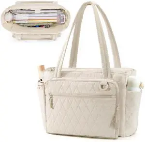 Yarwo Teacher Tote Bag with Accordion File Organizer Pocket, Ultralight Quilted Tote Bag for Women, 15.6 inch Laptop Work Handbag with Multiple Pockets for Daily Travel College Office Gym, Beige
