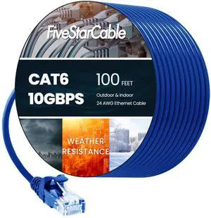 FiveStarCable 100FT Cat6 Ethernet Cable, High-Speed Patch Cable, Flat LAN Cable with RJ45 Connectors, 10Gigabit Internet Network Cord for Router, Modem, Gaming, PC, Xbox, PS5, Computer, Blue