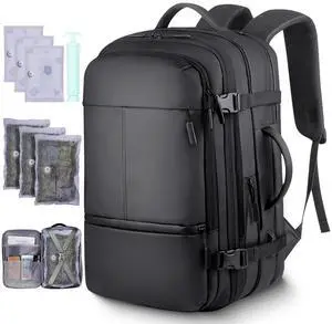 TNELTUEB Vacuum Backpack Travel-Expandable Vacpack Backpack with 3 Compression Bags and Manual Pump, Waterproof & Laptop Compartment(Fits 17"), Carry-on Luggage Backpacks for Flight/Business, Black