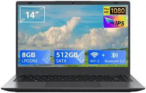 RNRUO 2025 Laptop, 14 inch IPS Display, 8GB RAM 512GB SSD Laptop Computers,N4020 Quad-Core Processor Laptop PC, Support 2.4G/5G Hz WiFi, BT, Full Size KeyboardWebcam