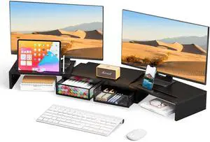 ZIFTY Dual Monitor Stand Riser with 2 Drawer and Smartphone Holder, Desk Organizer for 3 Monitors, Adjustable Length & Angle Workspace Organizers for Monitors Laptop Printer Computer, Black