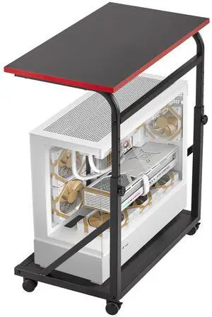 FUSLITE Ergonomic Height Adjustable Computer Tower Stand, 2-Tier CPU Holder Cart Under Desk, PC Floor Stand for Office Gaming Black and RED