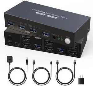 HDMI KVM Switch 2 Monitors 2 Computers 4K60Hz with 4 USB 3.0 Dual Monitor for Dual PC or Laptops Share 1 Set of Keyboard Mouse Printer with EDID Adaptive, 2*USB Cables, 1*Power Adapter and Controller