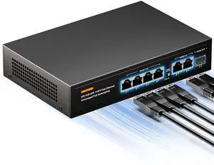BLIYEE 6 Port Gigabit PoE Switch, 4 PoE+ Ports and 2 Ethernet Uplink with 1 1000M SFP Slot, High Power PoE Port | Desktop Fanless Design | Plug & Play | Black Metal Housing