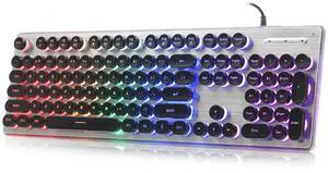 ANSWK Typewriter Style Keyboard with Metal Panel, Rainbow LED Backlit, Round Keys, Anti-ghosting, Spill Resistant, Light Up USB Wired Retro 104 Keys for Office,Gaming, Black/Silver
