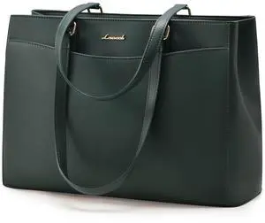LOVEVOOK Laptop Tote Bag for Women, Work Bags Teacher Tote Bag, Waterproof Leather Computer Bag, Business Laptop Purse Office Handbag Professional Briefcase, Dark green, 15.6 Inch