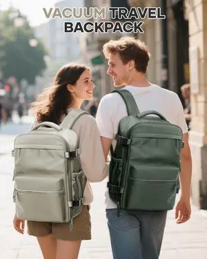 Vacuum Travel Backpack with Pump for Women, Personal Item Carry on Backpacks Flight Approved 18x14x8 inches for Men,Laptop Waterproof Work Compression bags Casual Daypack GreyBrown.